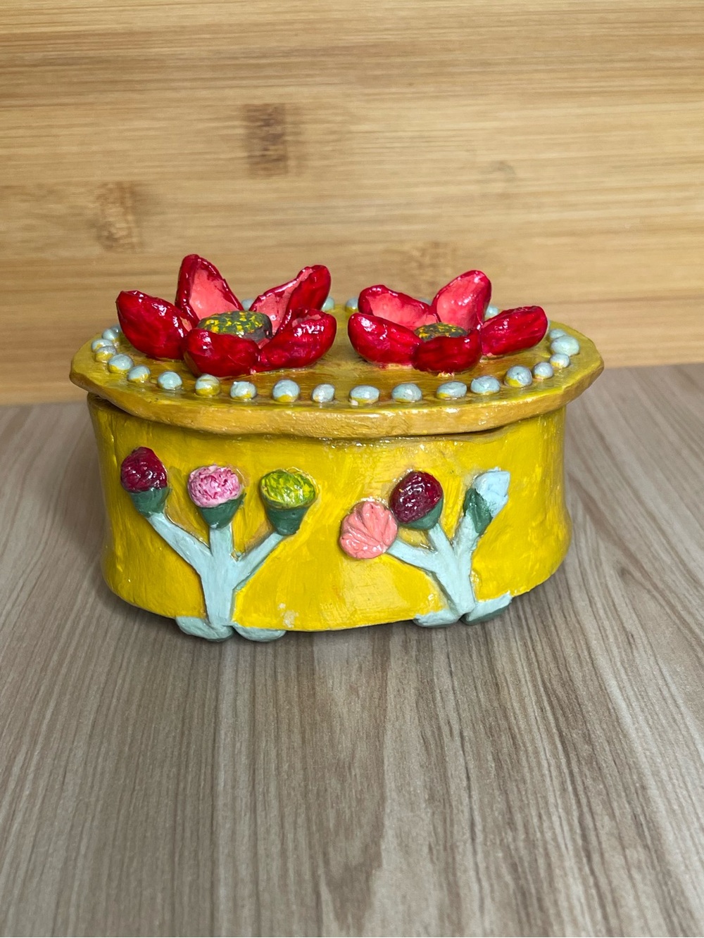 New Handmade yellow lidded jewelry box or decorative item make from clay